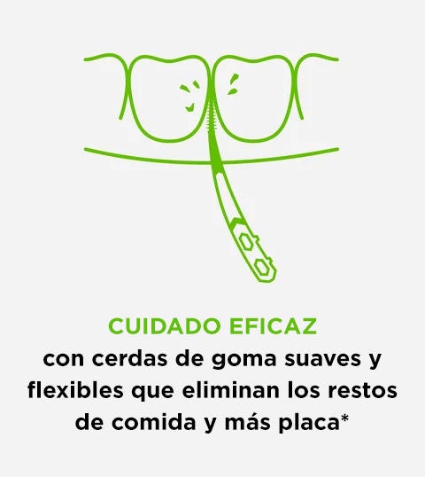 Cuidado eficaz con cerdas de goma suaves y flexibles que eliminan los restos de alimentos y más placa.