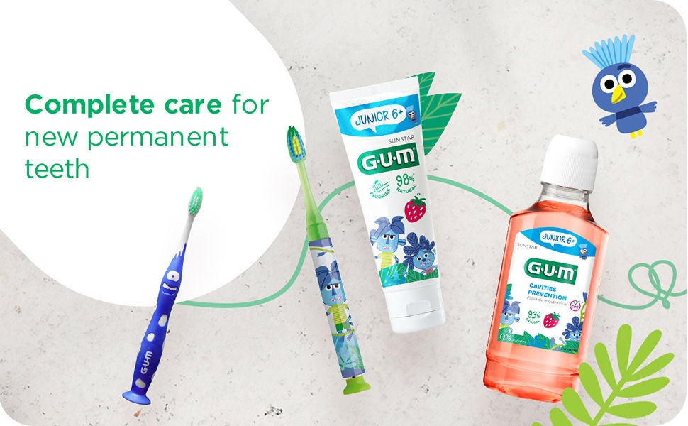GUM Children Range with GUM LIGHT-UP toothbrush, GUM JUNIOR toothbrush, GUM JUNIOR 6+ Toothpaste and GUM JUNIOR mouthwash