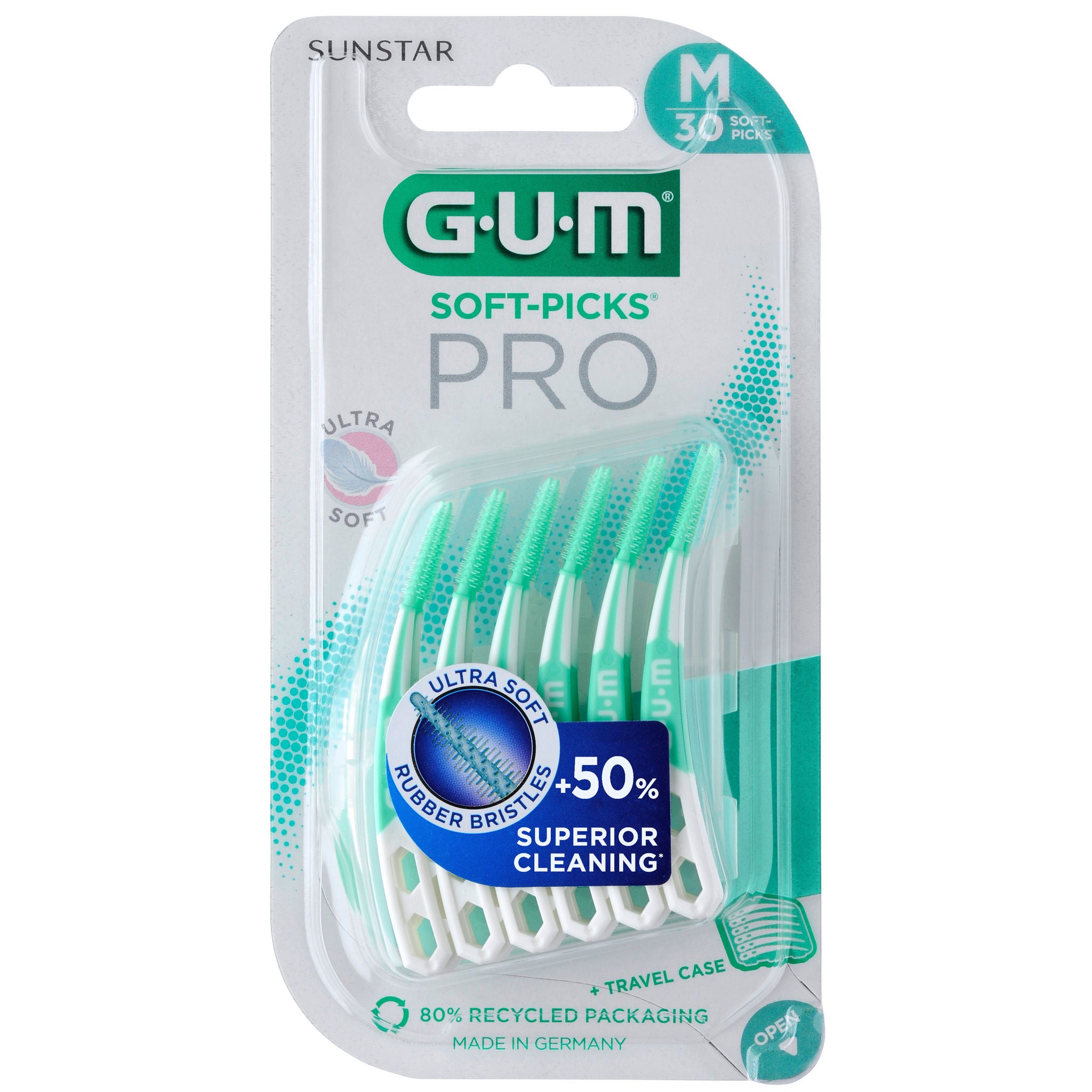 GUM Soft-Picks Pro, 30-pack, medium size, green and white, 80% recycled packaging, made in Germany. Text in English. Image resolution: 2000x2000.