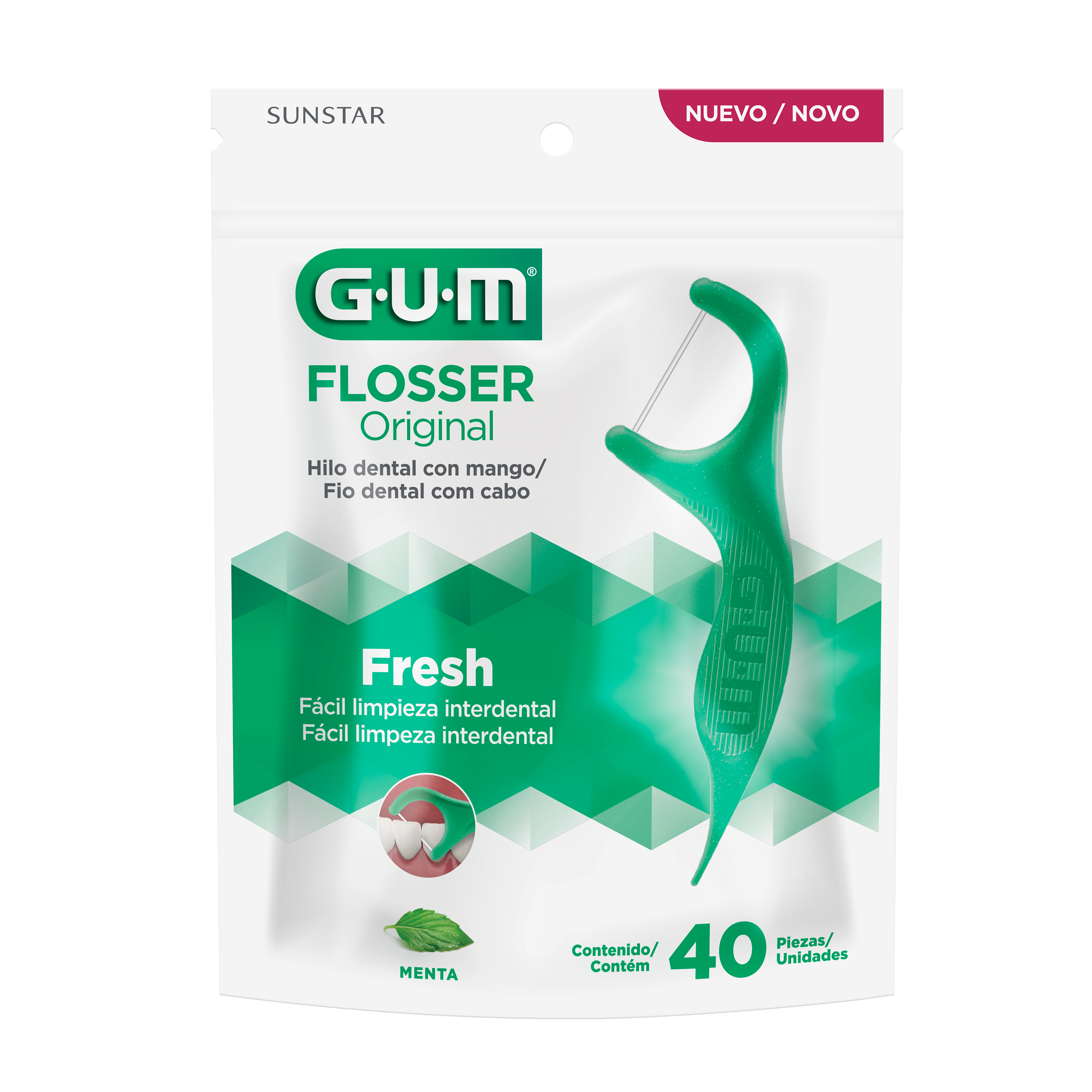 GUM Flossers - Original - Hilo Dental con Mango - Menta Refrescante, 40u.