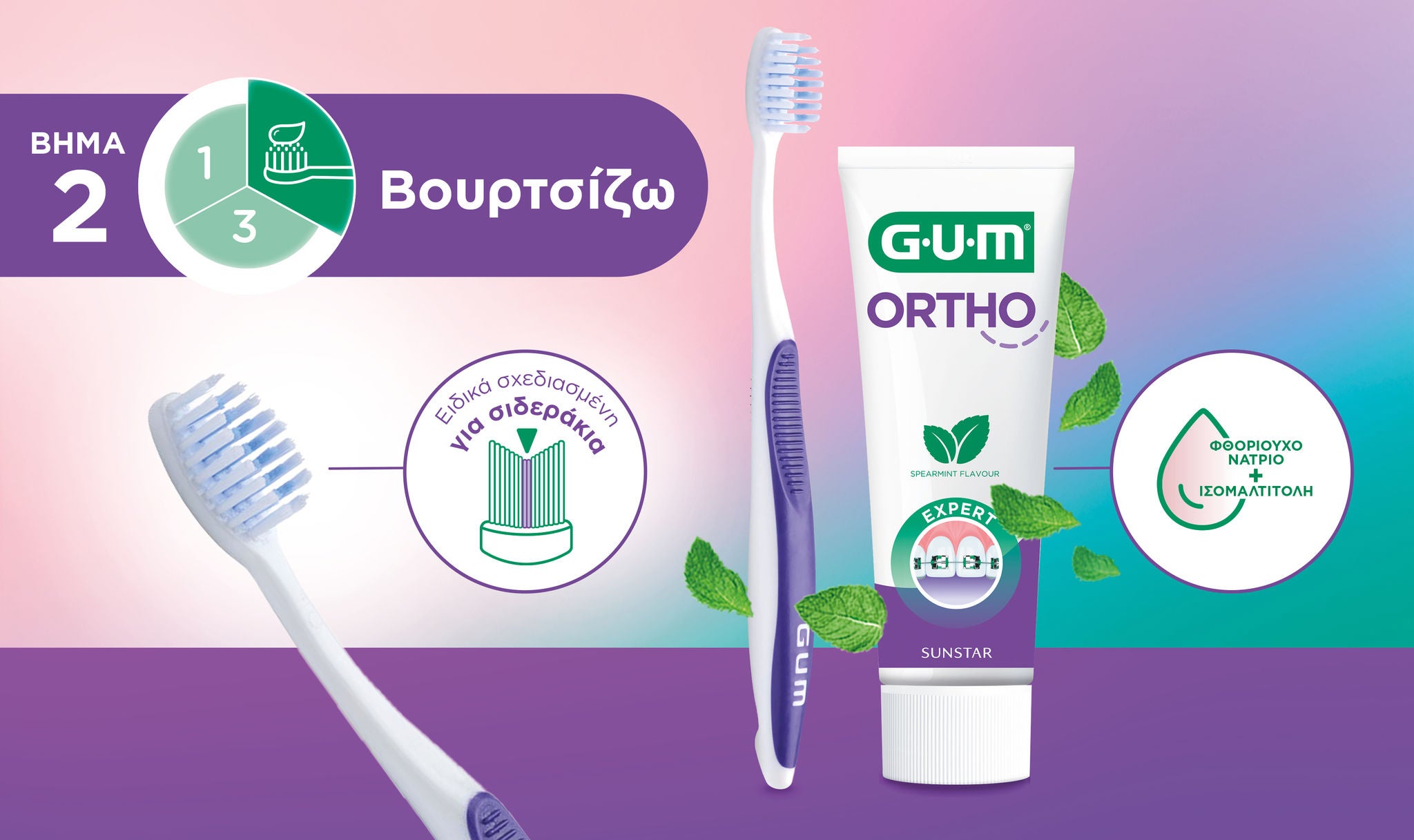 Οδοντόβουρτσα GUM® ORTHO και οδοντόκρεμα GUM ORTHO με εικονίδιο που αναδεικνύει τα 3 βήματα 