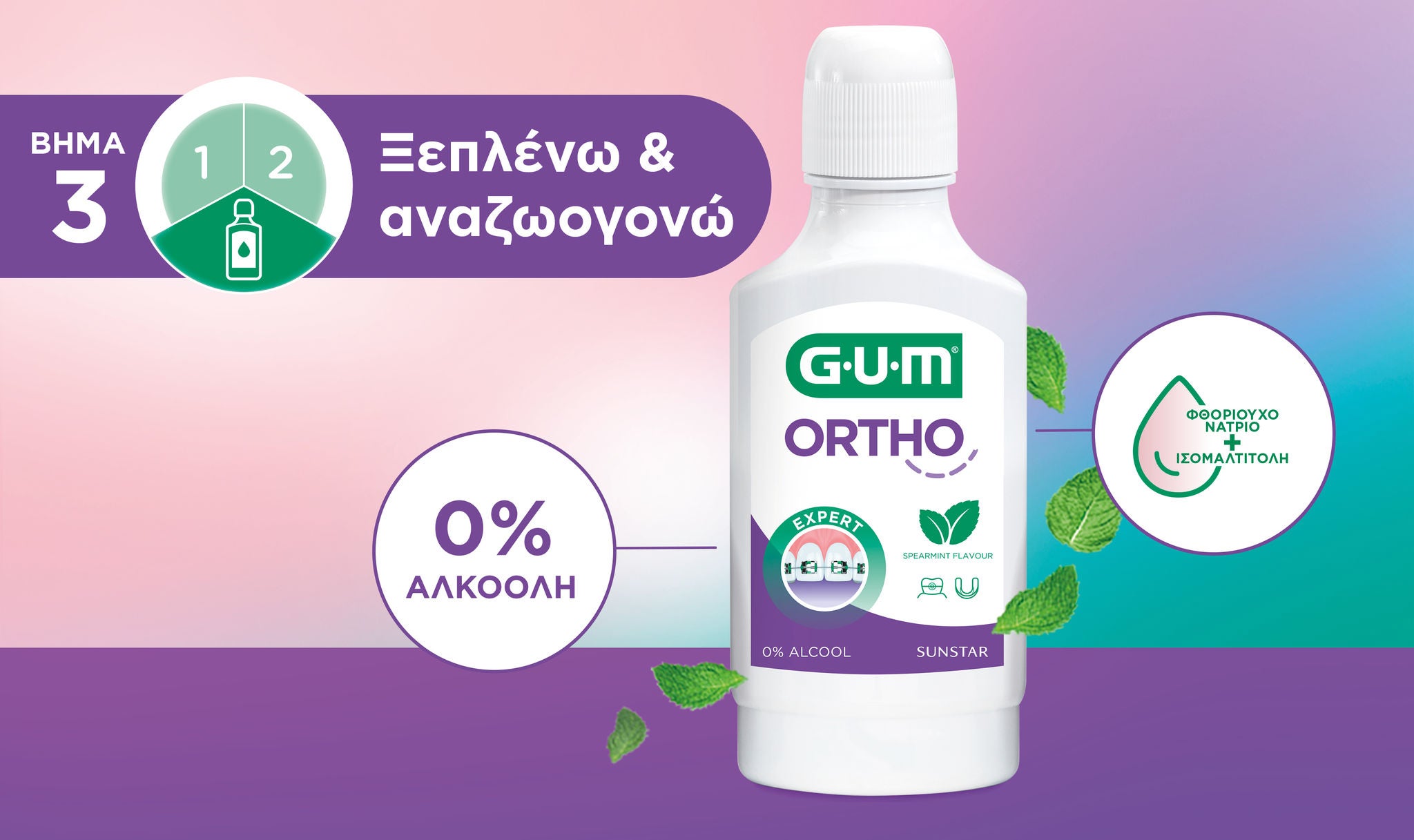 Στοματικό διάλυμα GUM® ORTHO με εικονίδιο που αναδεικνύει τα 3 βήματα 