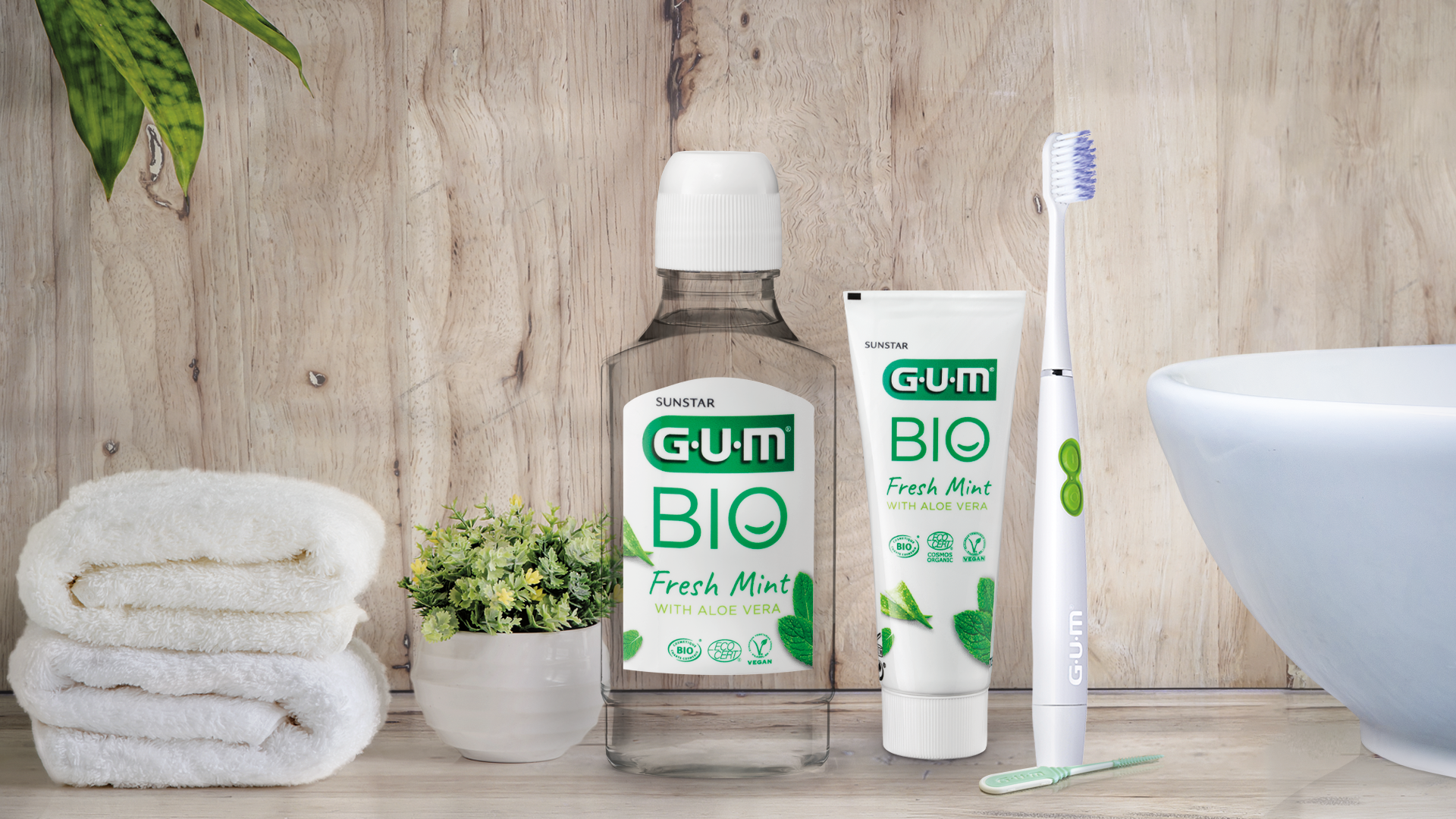 GUM BIO Mouthwash, pasta do zębów GUM BIO i szczoteczka do zębów SONIC Daily do łazienki do codziennej pielęgnacji 