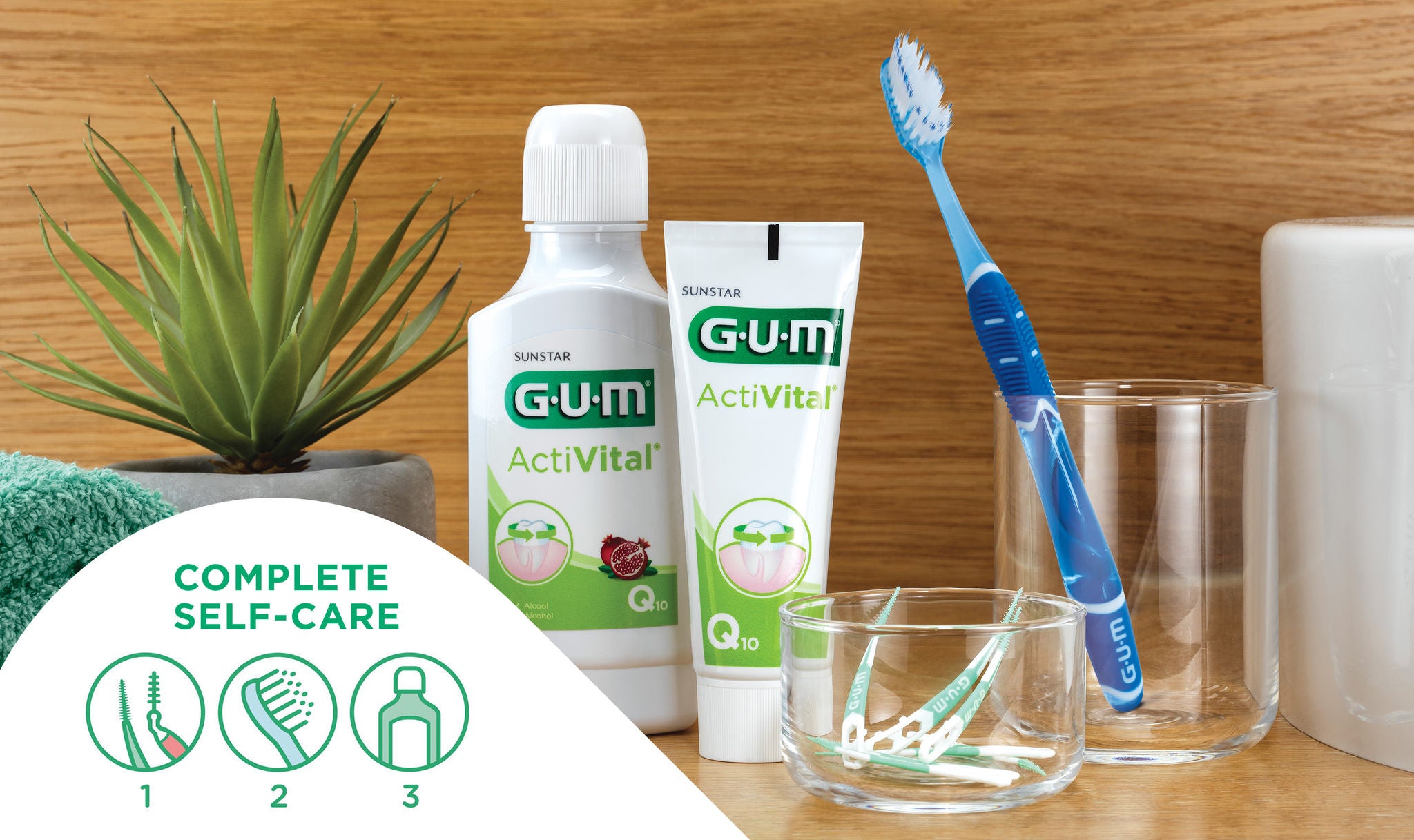GUM SOFT-PICKS Interdental brush, the ActiVital range and the GUM PRO Toothbrush into a glass for a complete self-care following the 3 steps of oral care routine (Cleaning between teeth, toothbrushing and mouthwashing).