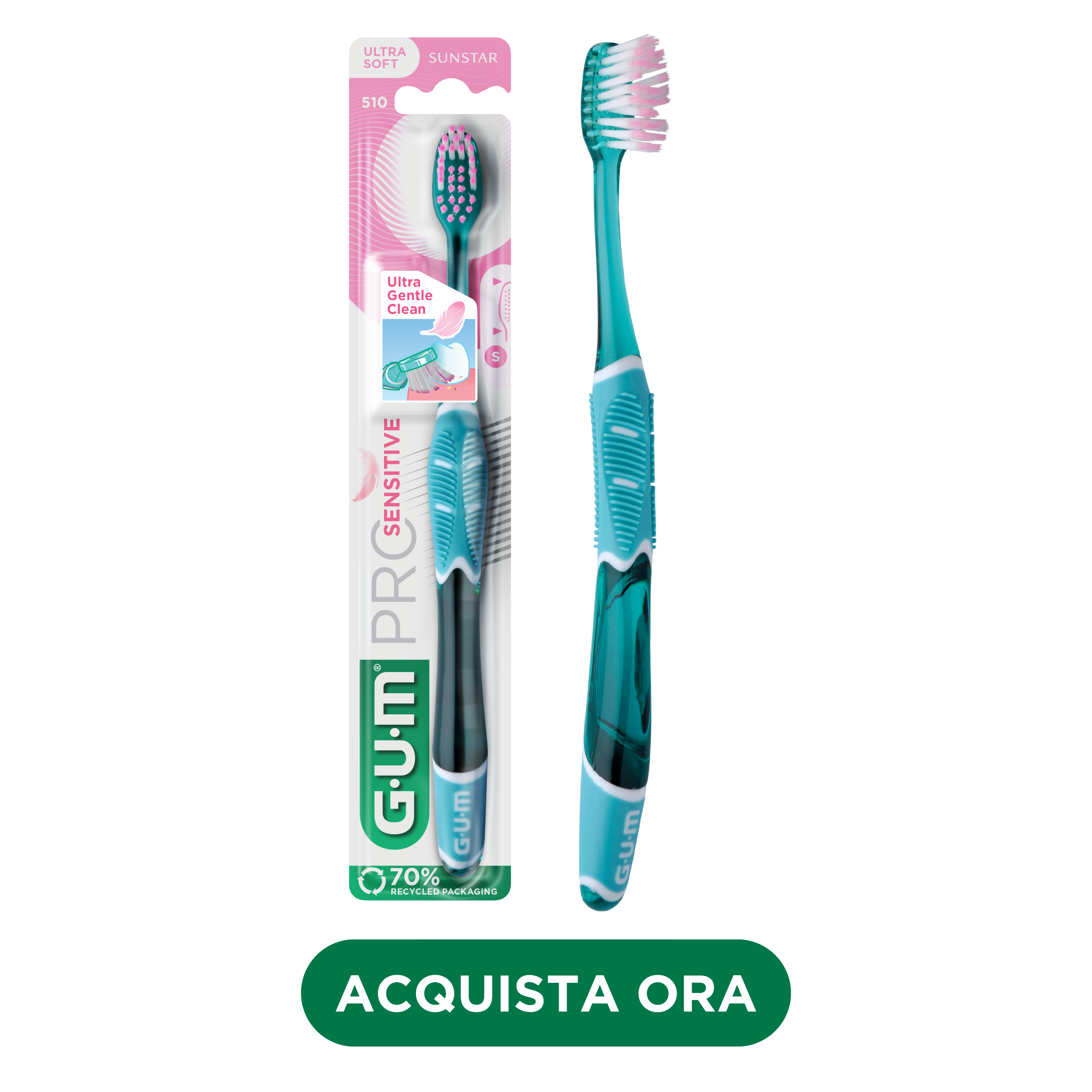 FR_IT_DE_Product catalogue hub images_with-badge_120625 - 510BTM-GUM-PRO-SENSITIVE-TOOTHBRUSH-TURQUOISE-IT-hero-with-badge-DTC
