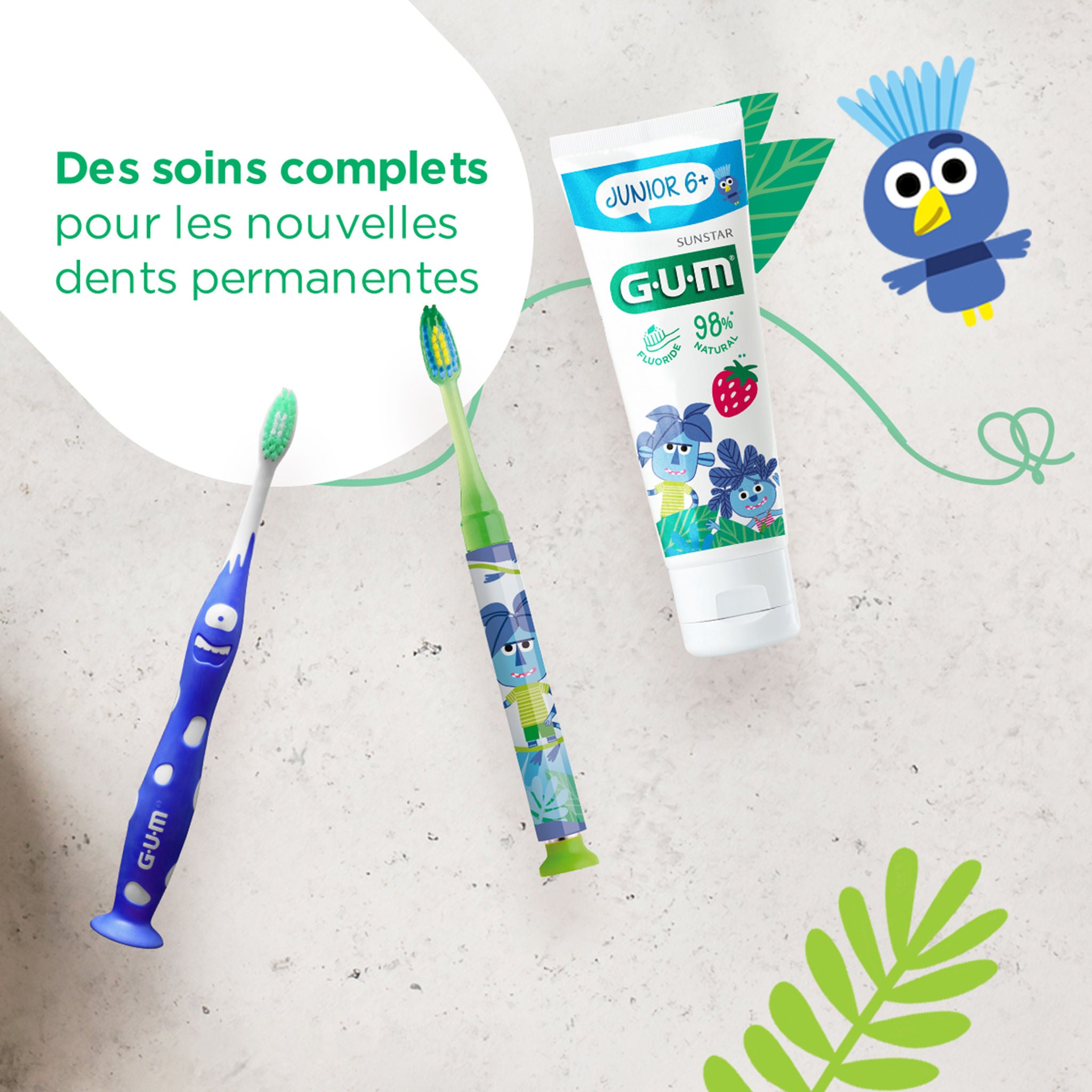 Dentifrice GUM JUNIOR, Brosse à dents GUM JUNIOR et Light-up, Bain de bouche GUM JUNIOR et un copain de la jungle