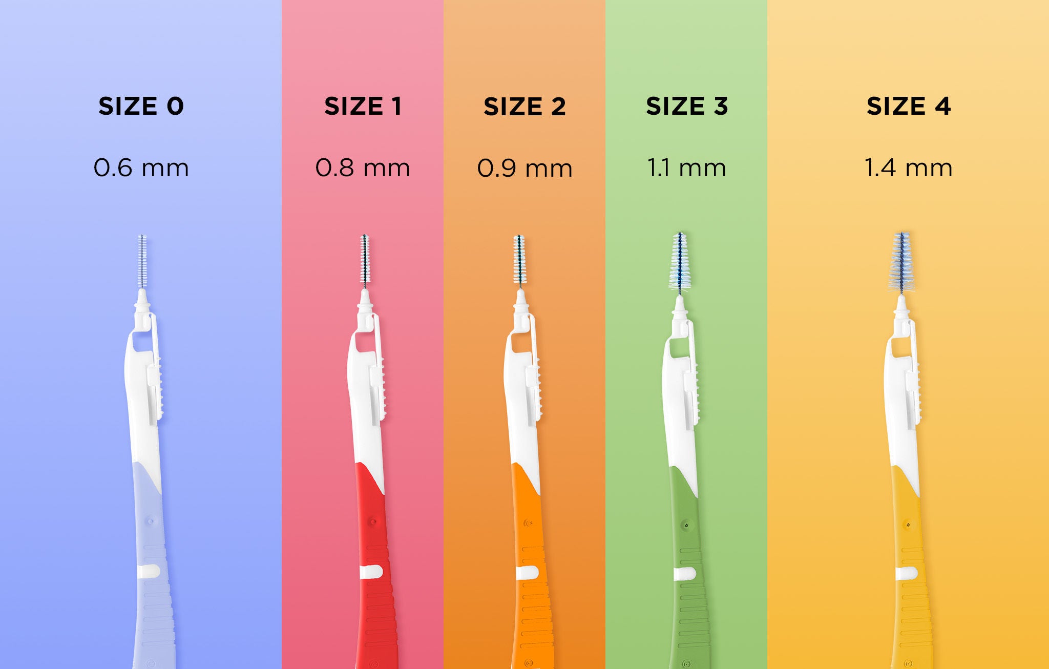 GUM BI-DIRECTION interdental brushes in different sizes and colours