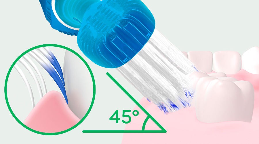 testina dello spazzolino con inclinazione a 45°