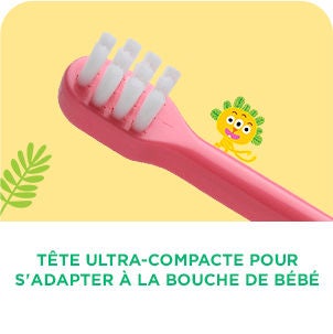 Brosse à dents GUM BABY avec zoom sur les poils souples et un compagnon de jungle sur le manche
