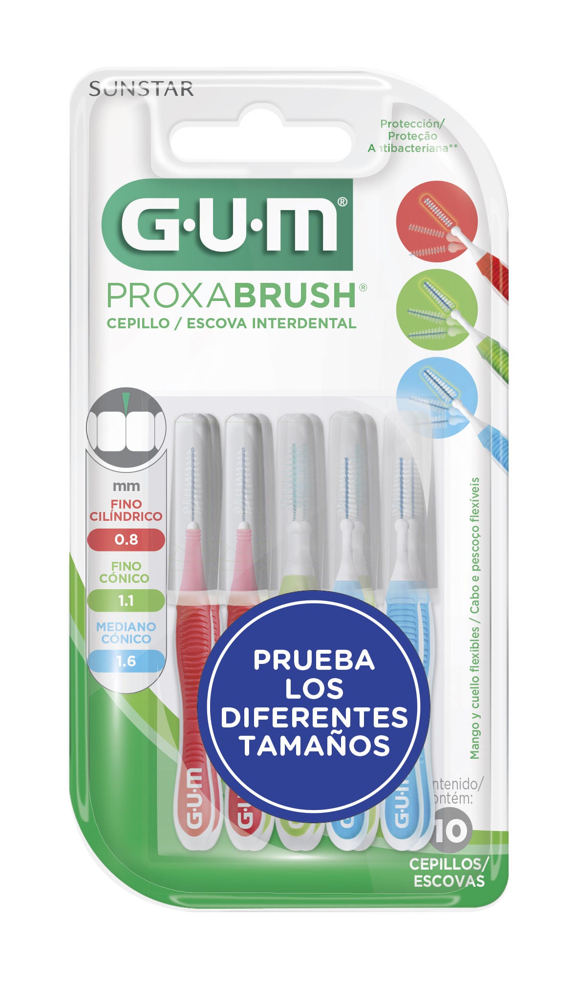 GUM PROXABRUSH Cepillos Interdentales Diferentes Tamaños 10 unidades 