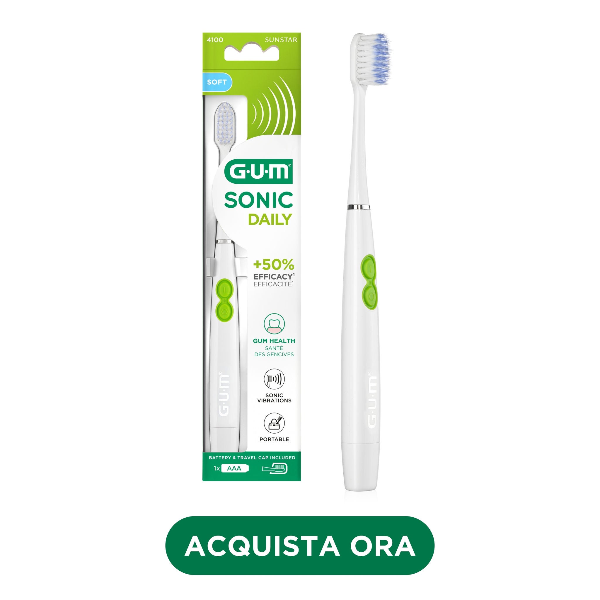 FR_IT_DE_Product catalogue hub images_with-badge_120625 - 4100MWH2-GUM-SONIC-DAILY-toothbrush-white-IT-hero-with-badge-DTC