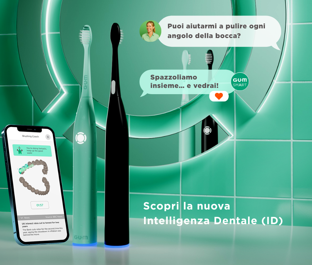 Spazzolino intelligente GUM Smart One, conversazione tra un utente e lo spazzolino "Puoi aiutarmi a pulire ogni angolo della bocca?" "Spazzoliamo insieme... e vedrai!" - Scopri la nuova intelligenza Dentale (ID)