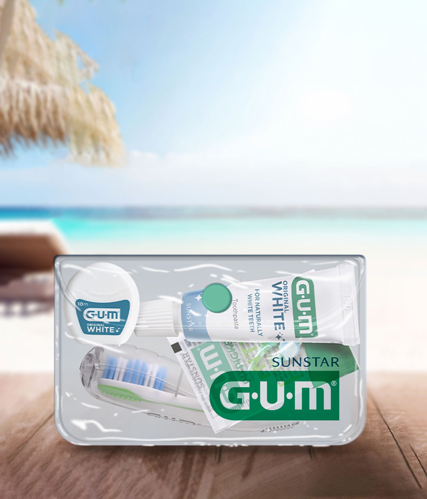 GUM TRAVEL Kit into a pouch with a summer background