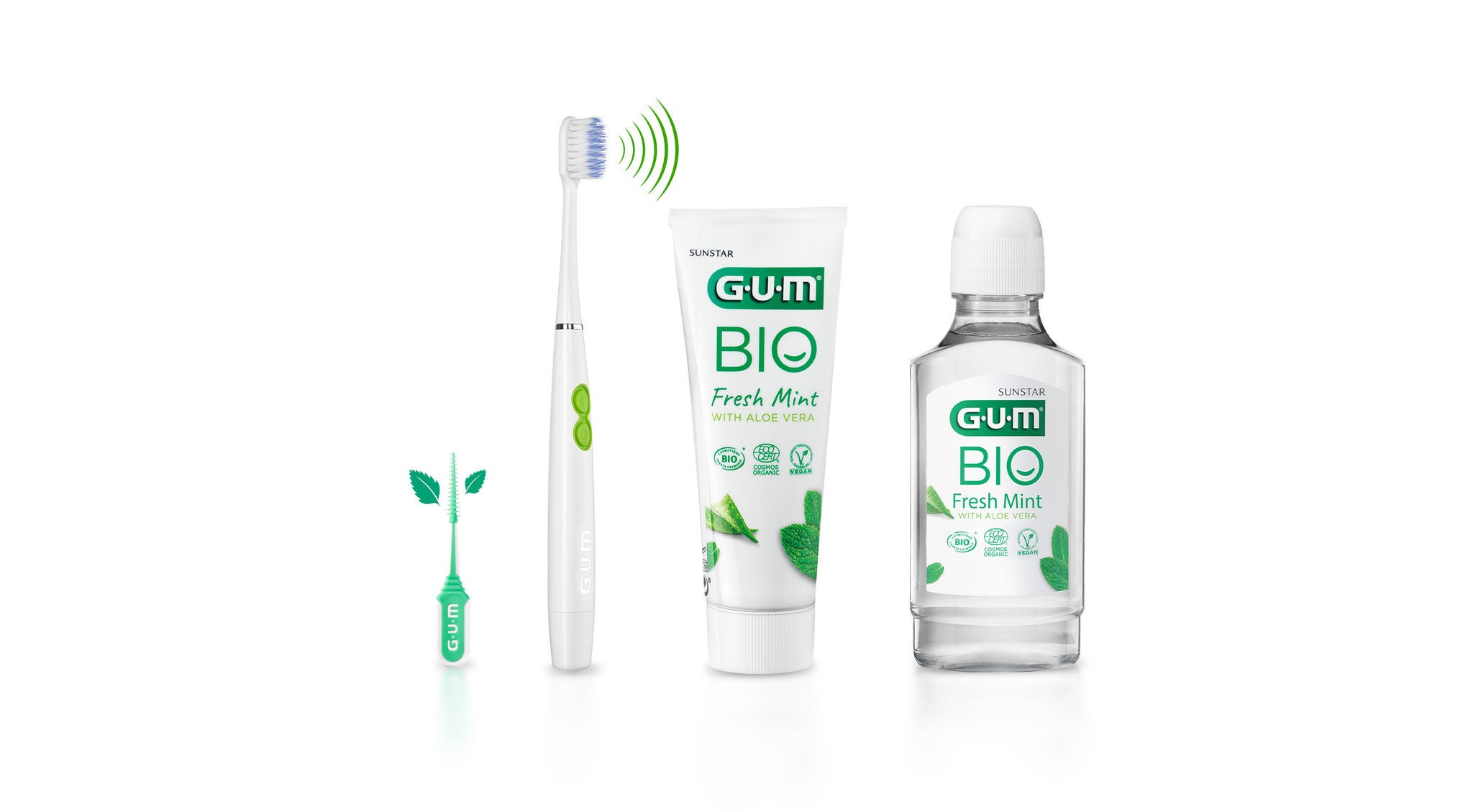 GUM SOFT-PICKS COMFORT FLEX rubber pick, GUM SONIC Daily toothbrush, GUM BIO toothpaste and GUM BIO Mouthwash