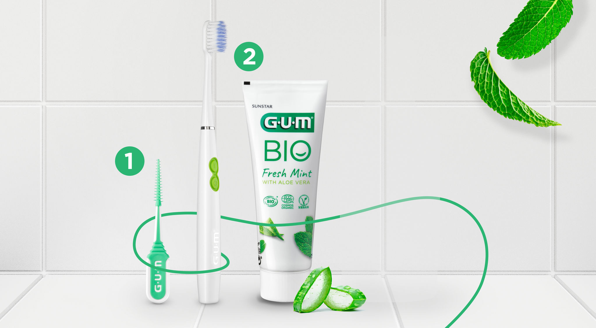 GUM SOFT-PICKS COMFORT FLEX rubberen plectrum, GUM SONIC Daily tandenborstel, GUM BIO tandpasta en GUM BIO Mondwater
