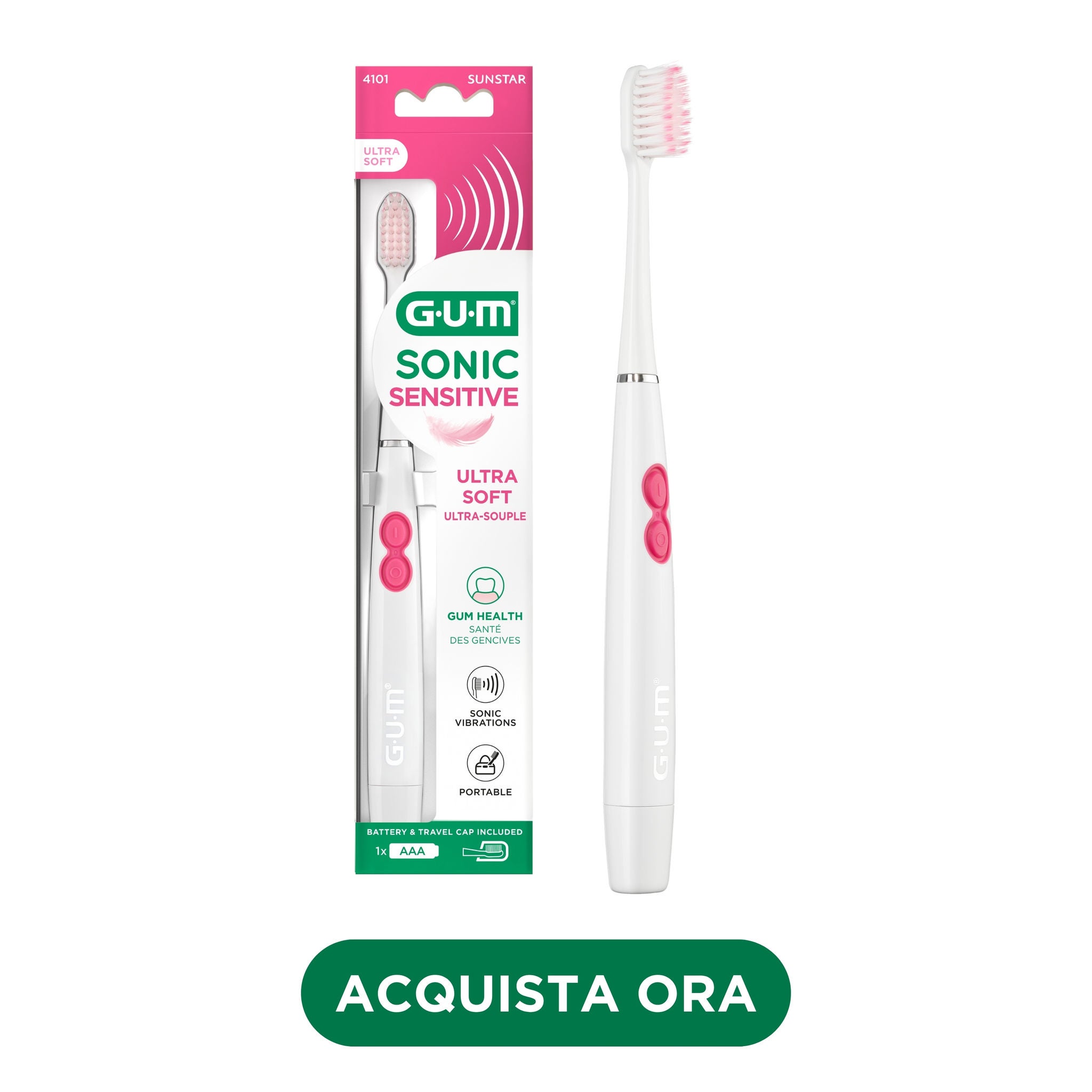 FR_IT_DE_Product catalogue hub images_with-badge_120625 - 4101MPK-GUM-SONIC-SENSITIVE-toothbrush-IT-hero-with-badge-DTC