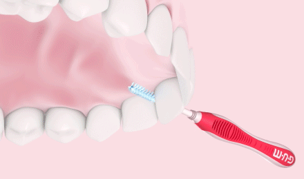 Cepillo interdental GUM TRAV-LER limpiando entre los dientes