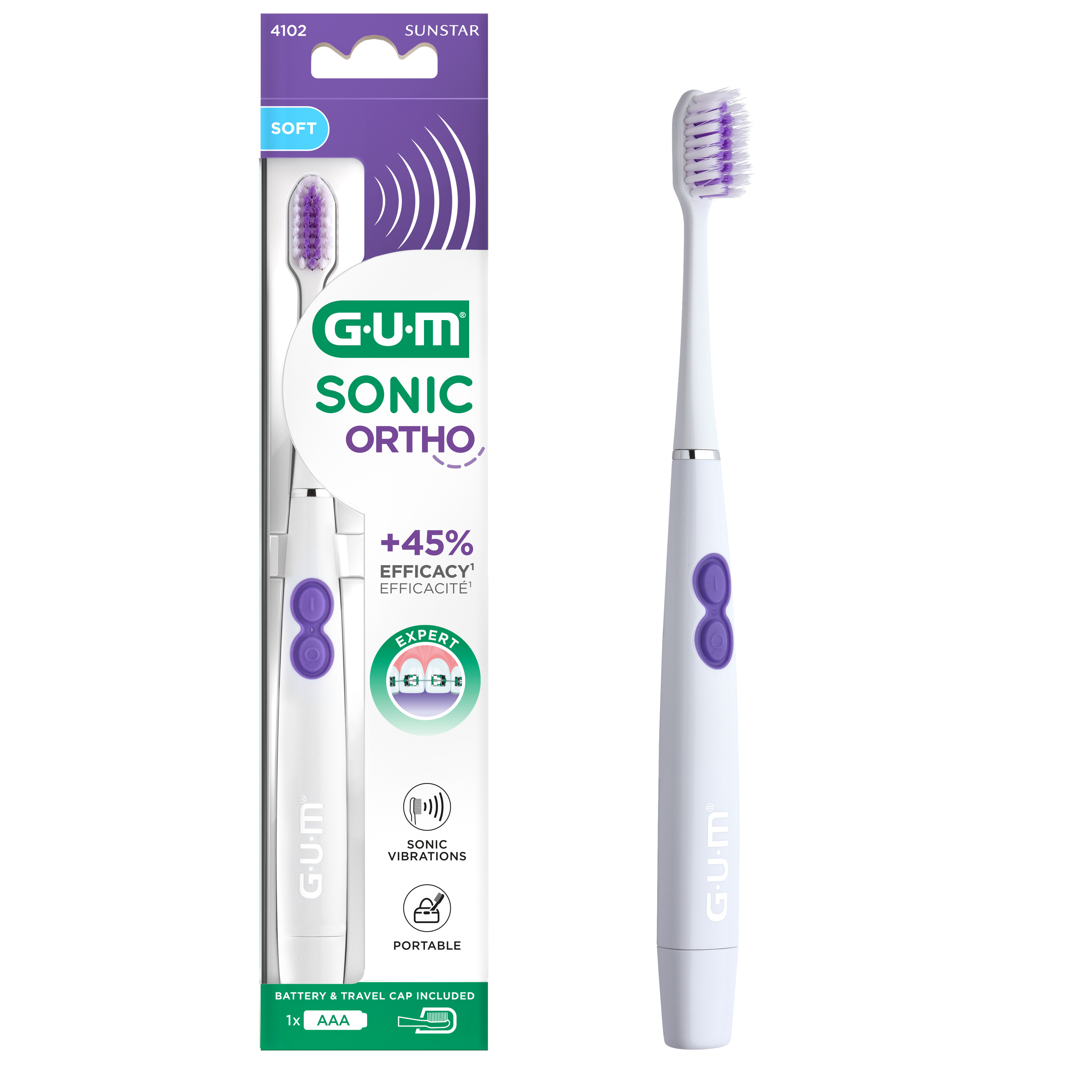 Cepillo de dientes sónico GUM® SONIC ORTHO y su blíster