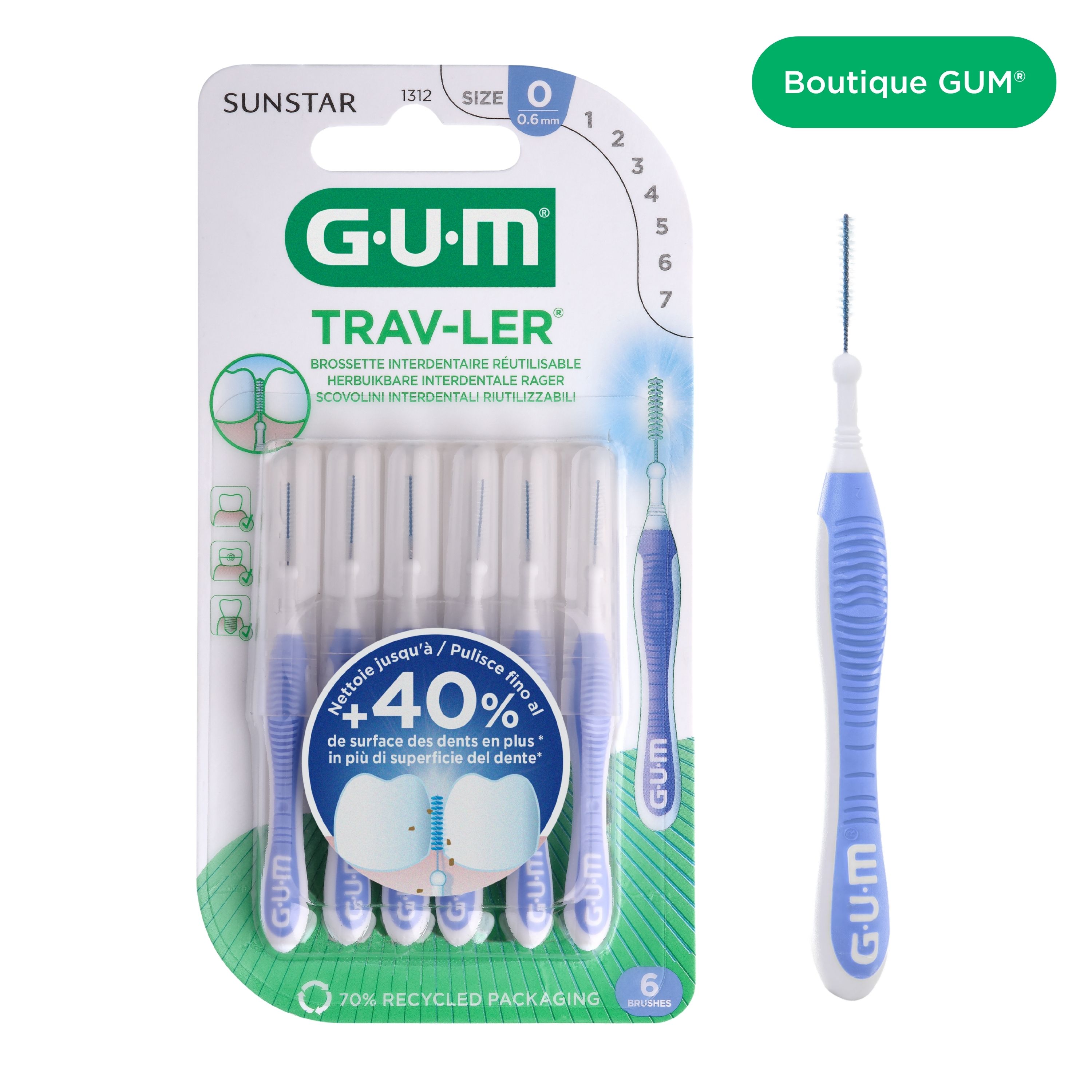 Product catalogue hub images - 1312HA-GUM-TRAV-LER-INTERDENTAL-BRUSH-0-6MM-6CTS-hero-DTC