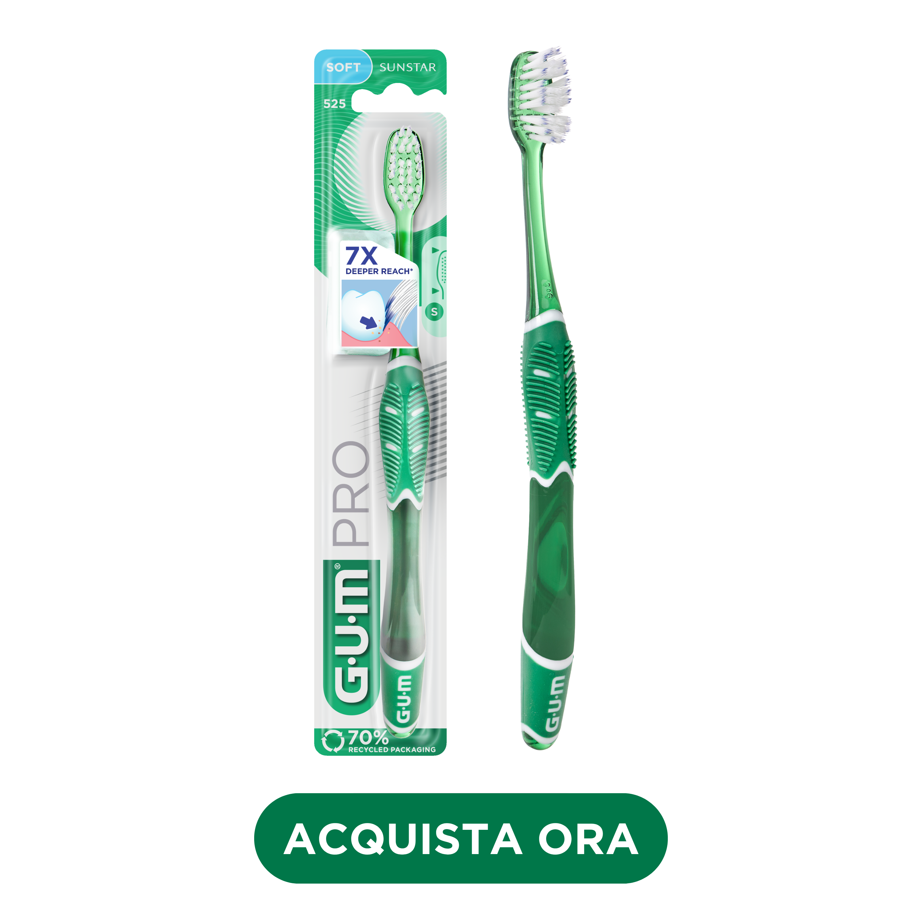 FR_IT_DE_Product catalogue hub images_with-badge_120625 - 525BTM-GUM-PRO-TOOTHBRUSH-COMPACT-SOFT-GREEN-IT-hero-with-badge-DTC