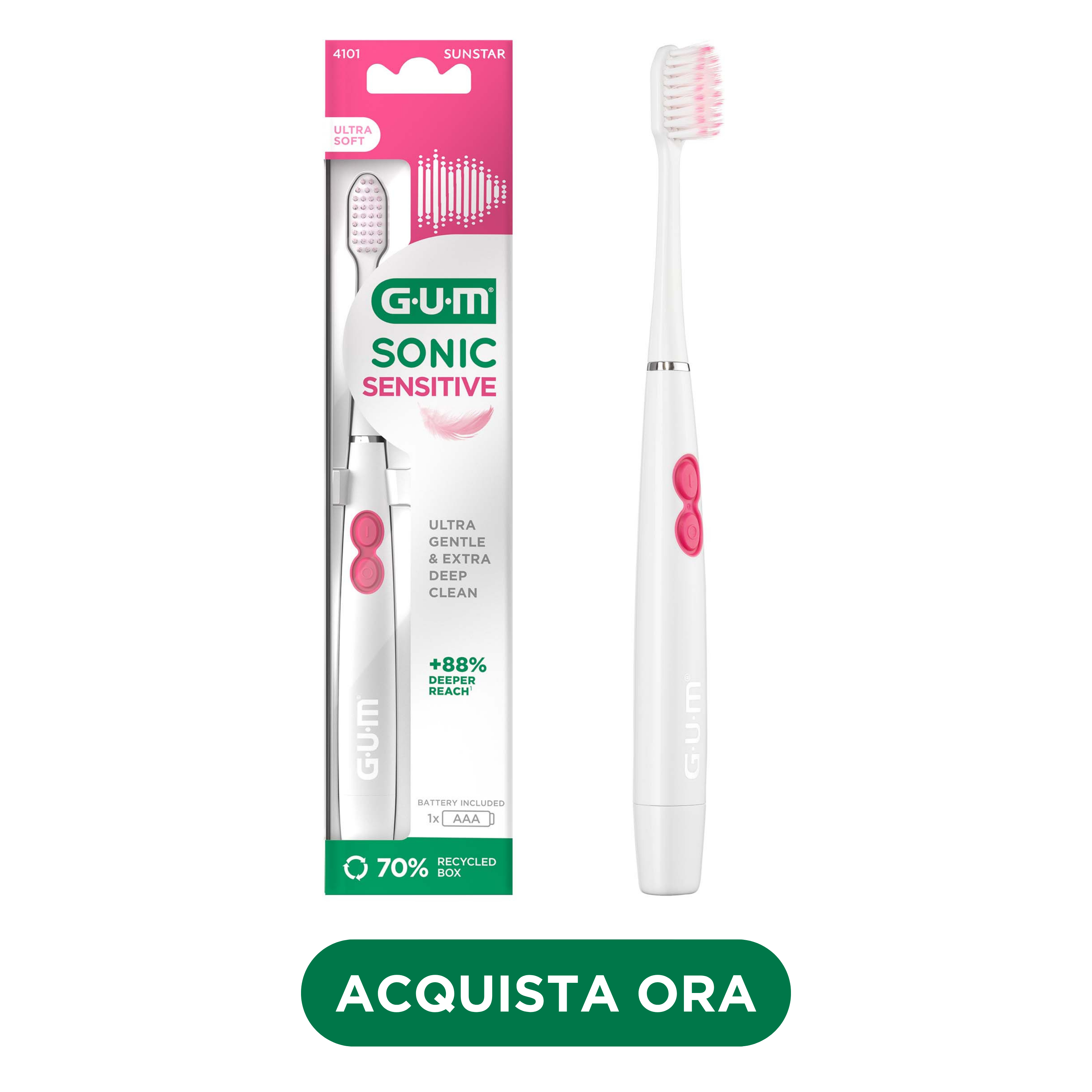 FR_IT_DE_Product catalogue hub images_with-badge_120625 - 4101MPK-GUM-SONIC-SENSITIVE-toothbrush-IT-hero-with-badge-DTC