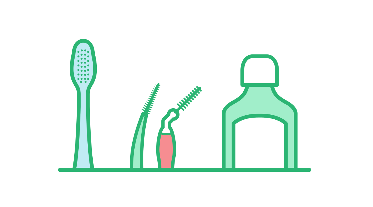 Illustration einer Zahnbürste, eines Interdentalprodukts und einer Mundspülung 