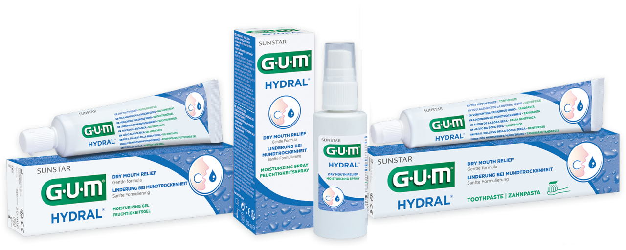 GUM HYDRAL erhältlich als Gel, Spray, Mundspülung und Zahnpasta
